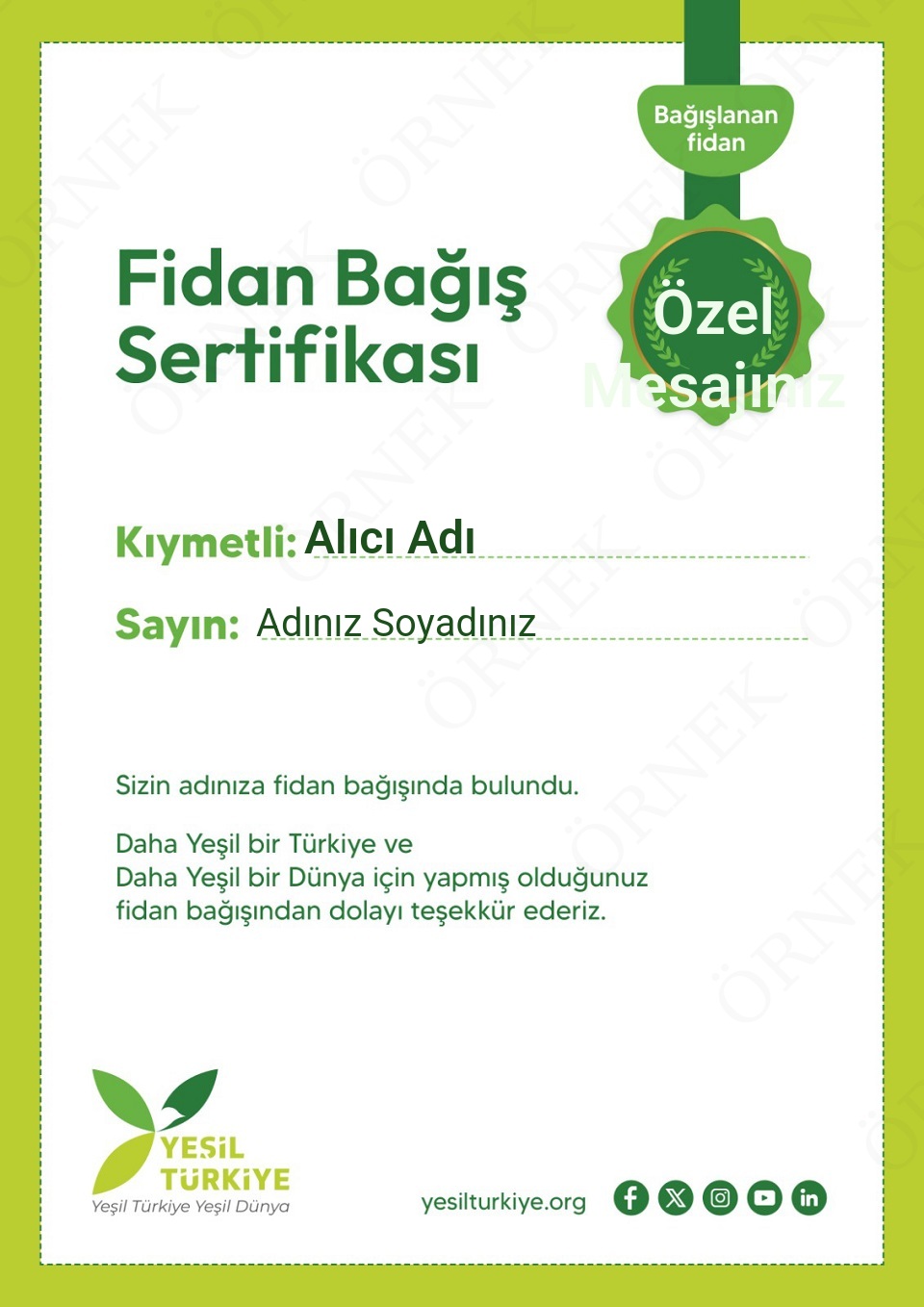 Fidan Bağışı - Çift İsimli - "ÖZEL MESAJ OLARAK FİDAN SAYISI YAZINIZ"